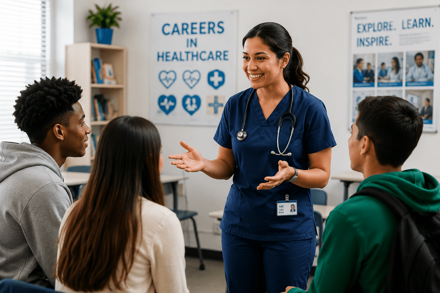 A healthcare professional speaking with a group of students